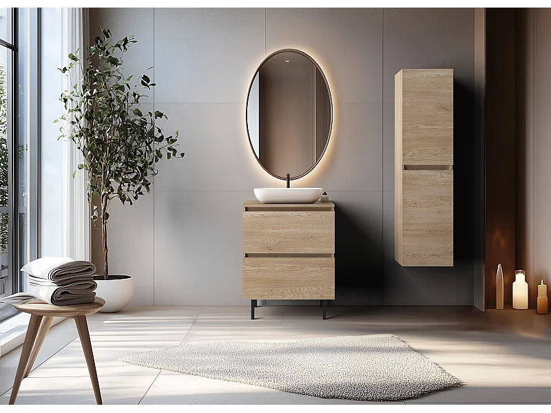 Szafka łazienkowa 60 cm z blatem górnym + nóżki meblowe, Kolor: Dąb Jasny, 60 x 77 x 46 cm