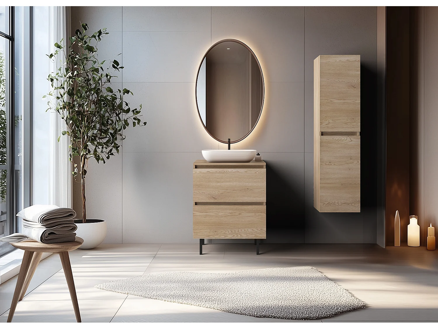 Meuble de salle de bain 60 cm avec plan de travail supérieur + pieds meuble, Couleur : Chêne Clair, 60 x 77 x 46 cm