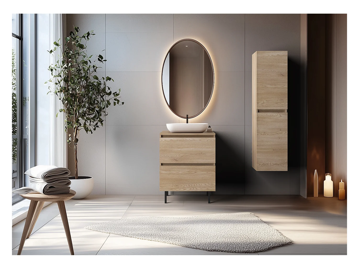 Meuble de salle de bain 60 cm avec plan de travail supérieur + pieds meuble, Couleur : Chêne Clair, 60 x 77 x 46 cm