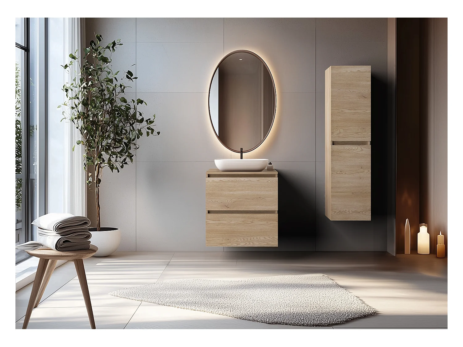 Meuble de salle de bain 60 cm + TOP, Couleur : Chêne Clair, 60 x 57 x 46 cm