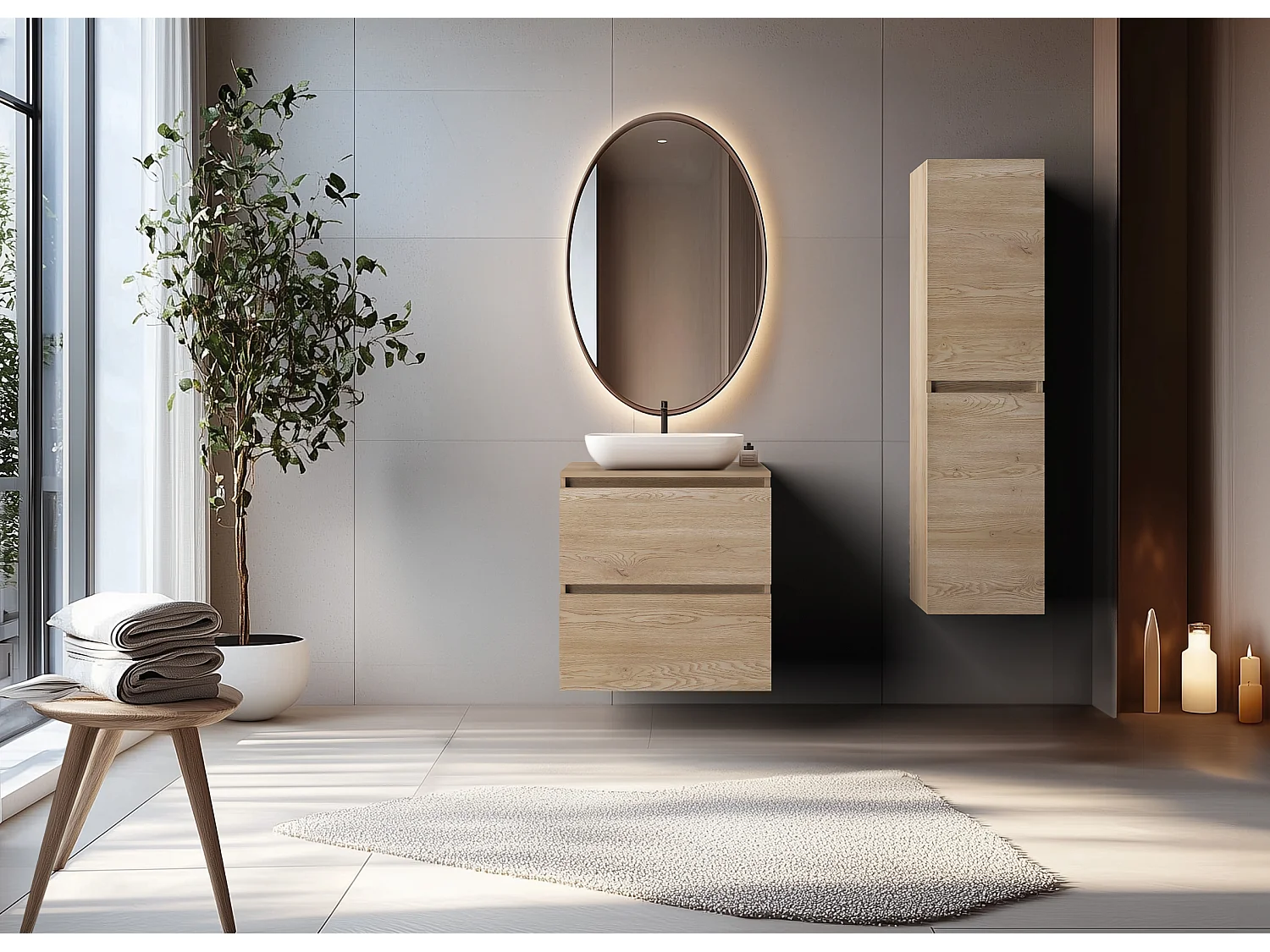 Meuble de salle de bain 60 cm + TOP, Couleur : Chêne Clair, 60 x 57 x 46 cm