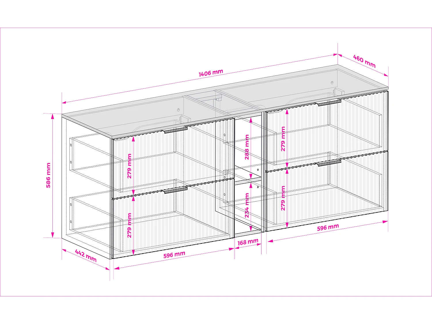 Waschtischunterschrank, Kaschmir/Eiche mit schwarzem Griff, 140 (2 x 60 + 20) x 77 x 46 cm + Arbeitsplatte, schwarze Beine