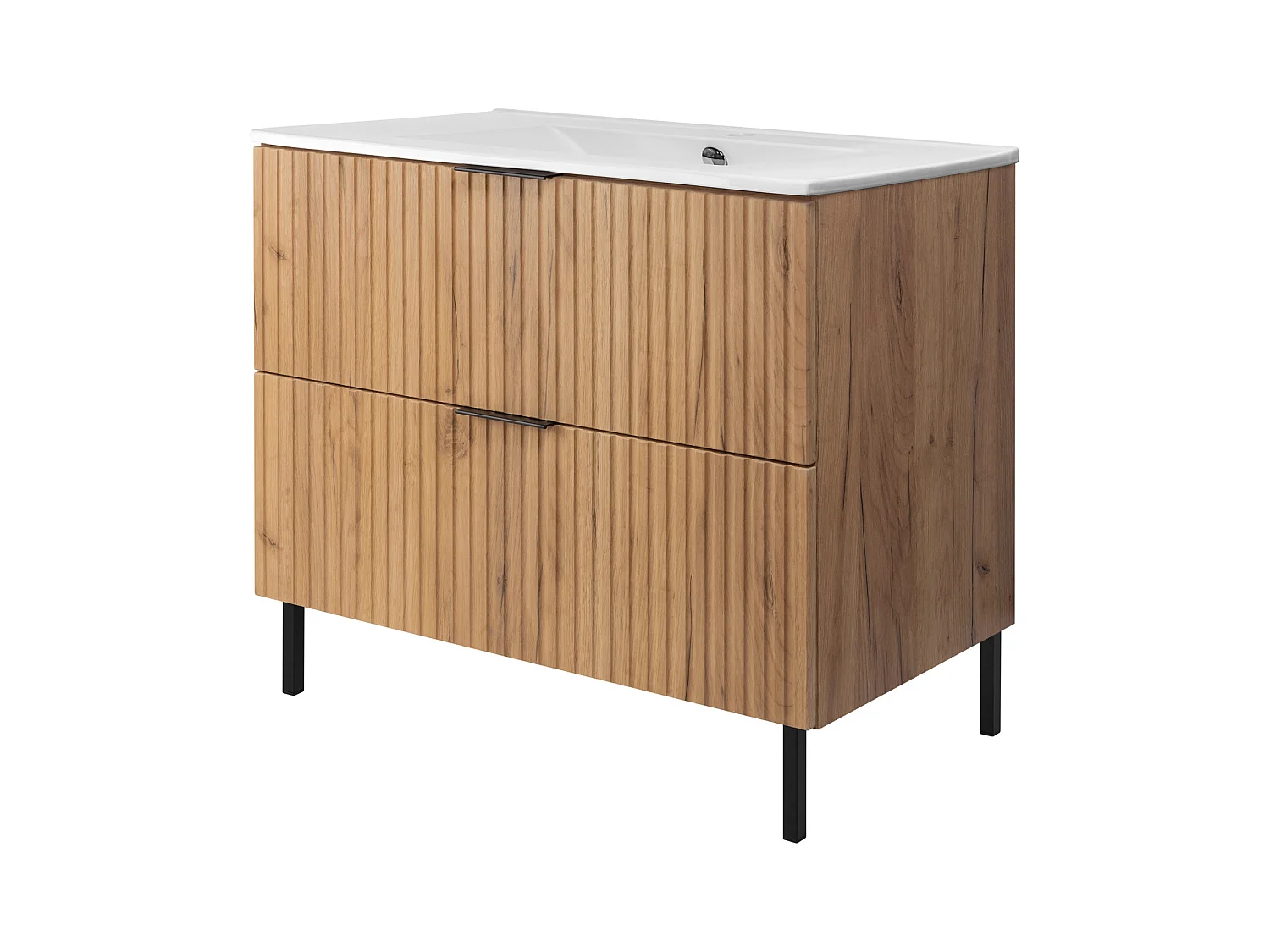 Meuble vasque, Chêne Craft + poignée noire, 80 x 77 x 46 cm, pieds noirs, sans plateau