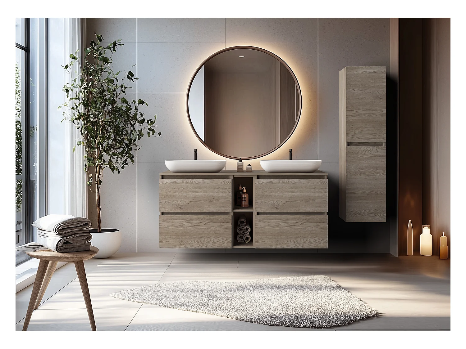 Badezimmermöbel 140 cm (2 x 60 + 20) mit Arbeitsplatte, Farbe: Dunkle Eiche, 140 x 57 x 46 cm