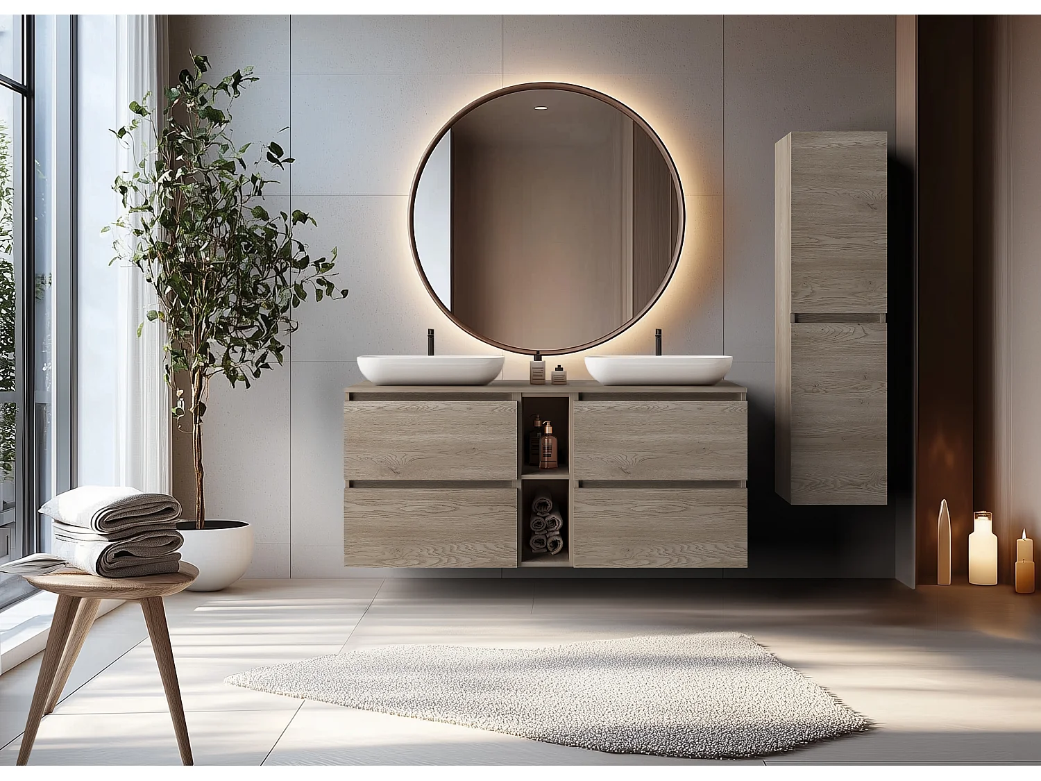 Meuble de salle de bain 140 cm (2 X 60 + 20) avec plan de travail en, Couleur: Chêne Foncé, 140 x 57 x 46 cm