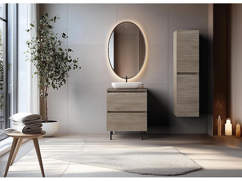 Meuble de salle de bain, pieds, Couleur: Chêne Foncé, 60 x 77 x 46 cm, sans plan de travail