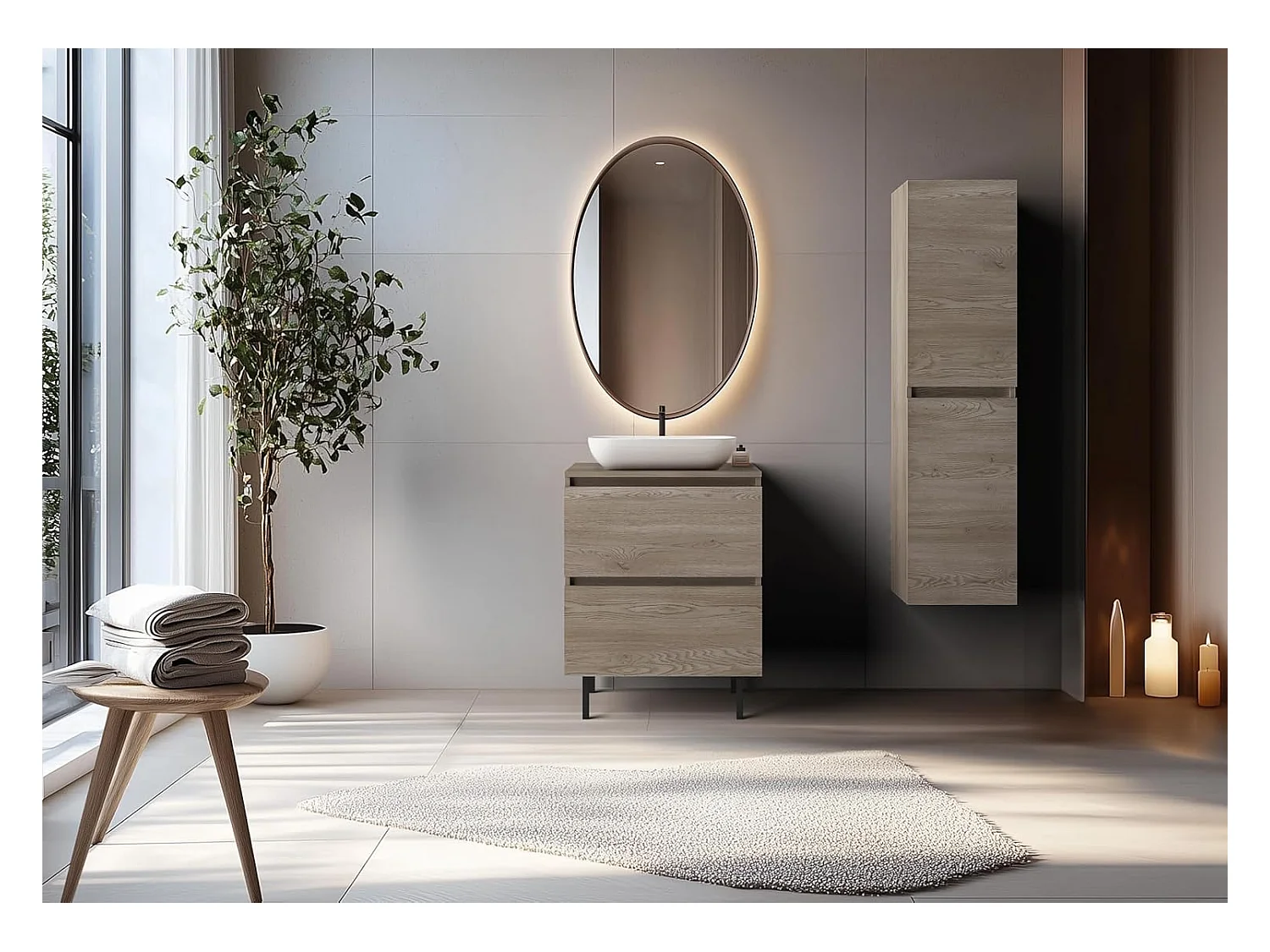 Meuble de salle de bain, pieds, Couleur: Chêne Foncé, 60 x 77 x 46 cm, sans plan de travail