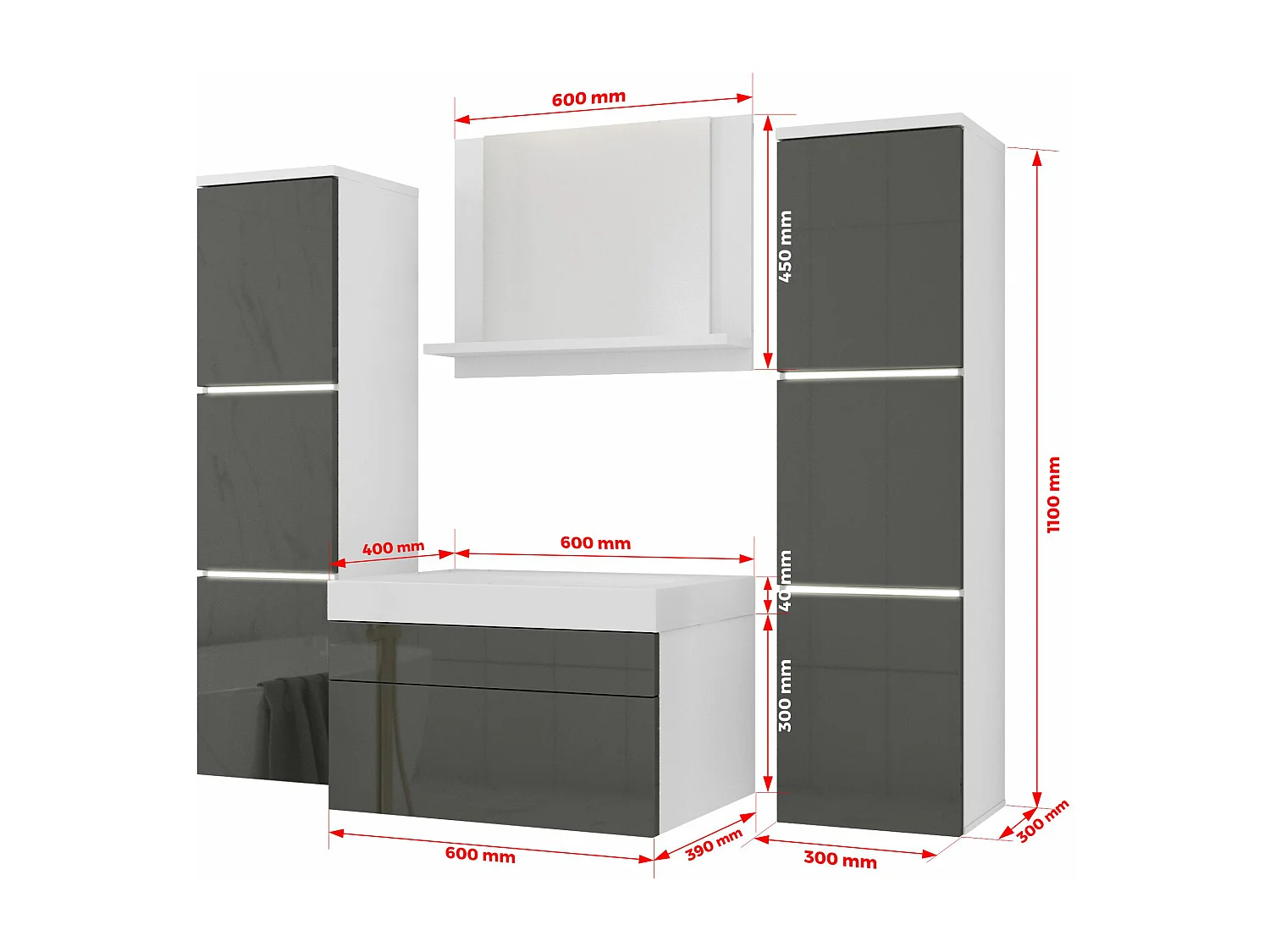 Badezimmermöbel-Set, Mattweiß, Glänzendes Grau, 120 x 110 cm