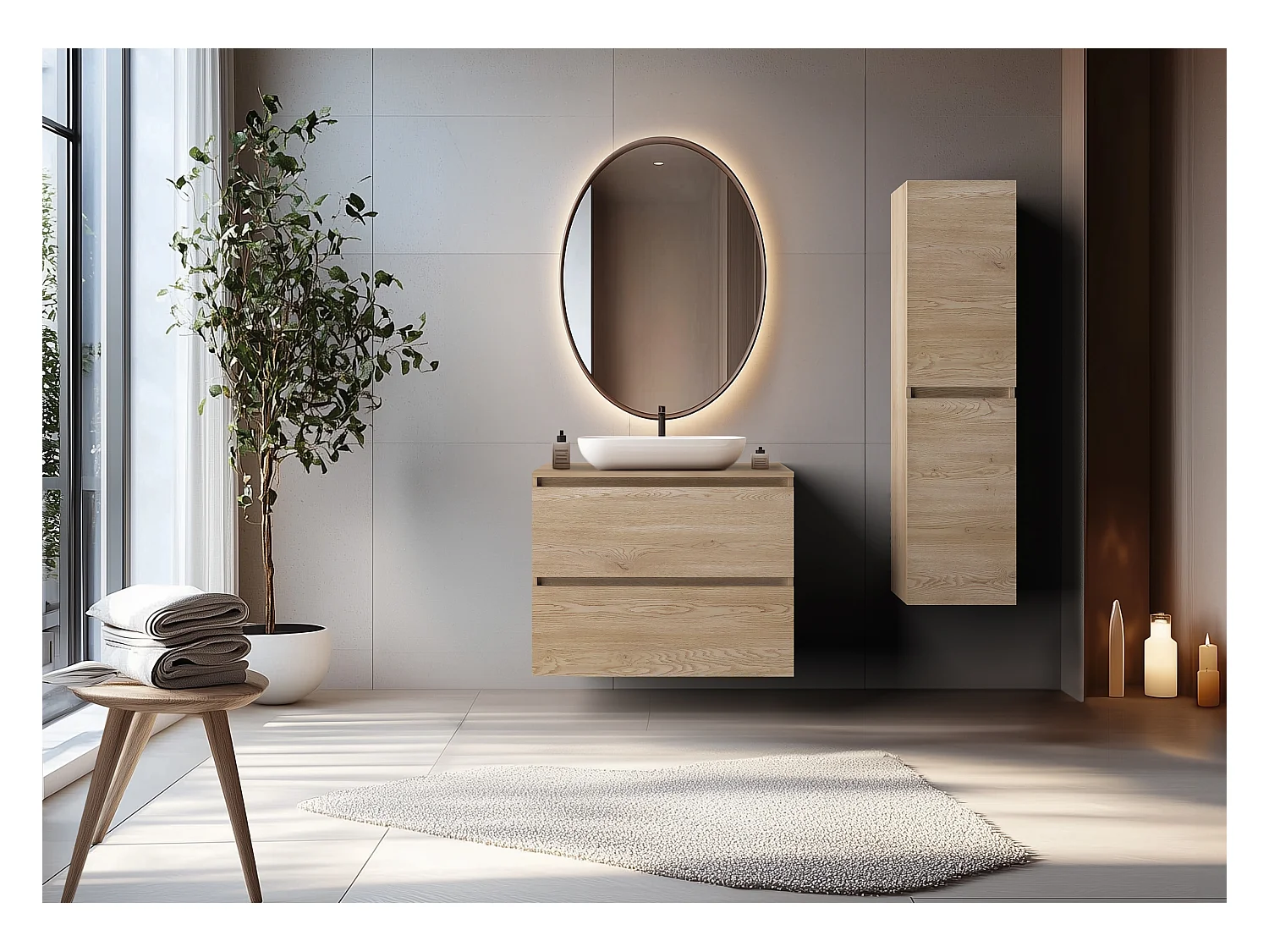 Badkamermeubel 80 cm + TOP, Kleur: Licht eiken, 80 x 57 x 46 cm