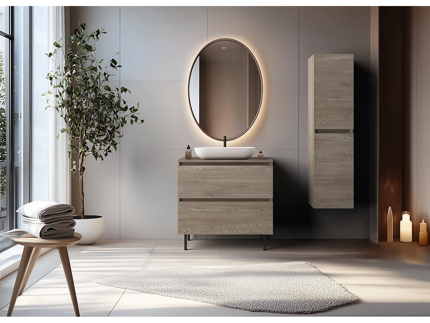 Meuble de salle de bain 80 cm avec plan de travail supérieur + pieds meuble, Couleur: Chêne Foncé, 80 x 77 x 46 cm