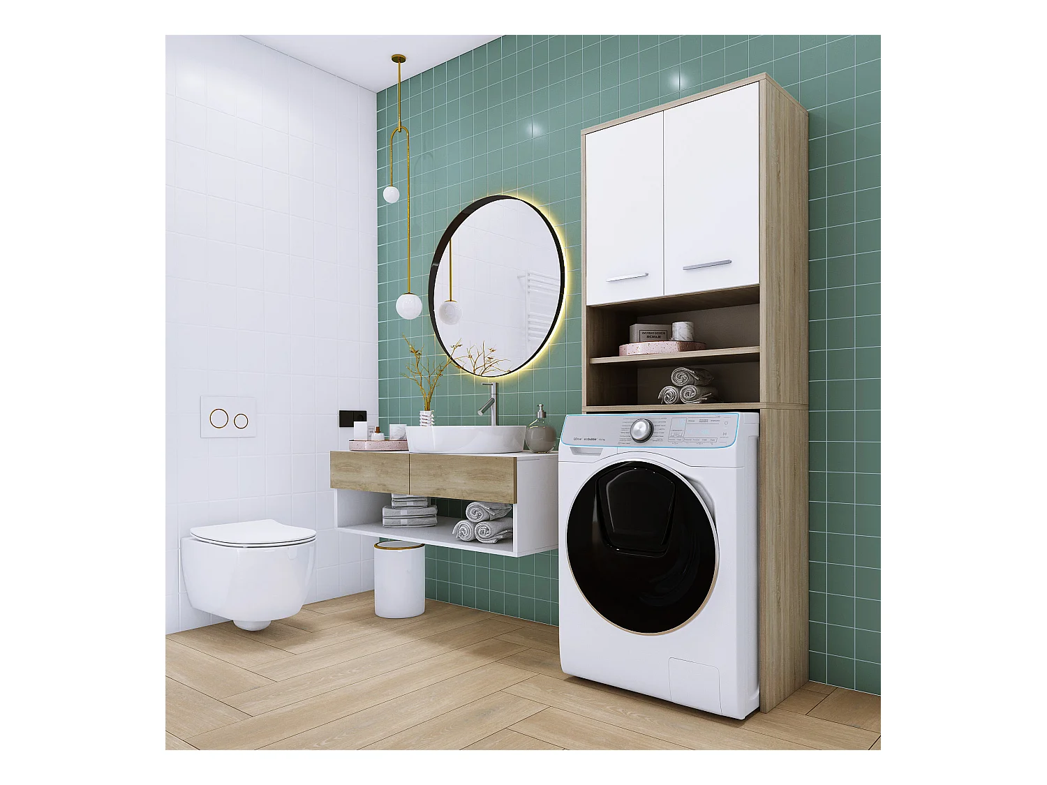 Meuble pour la machine a laver, 2 armoires, 180 x 64 x 30 cm, Chêne Sonoma, blanc mat