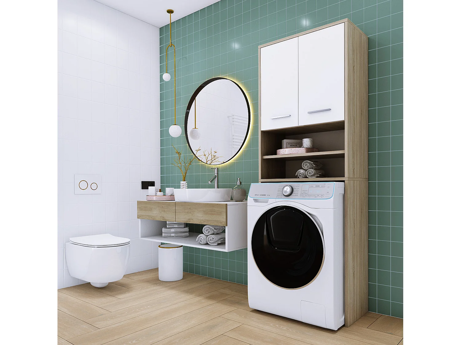 Armário para máquina de lavar, 2 armários, 180 x 64 x 30 cm, carvalho Sonoma, branco mate