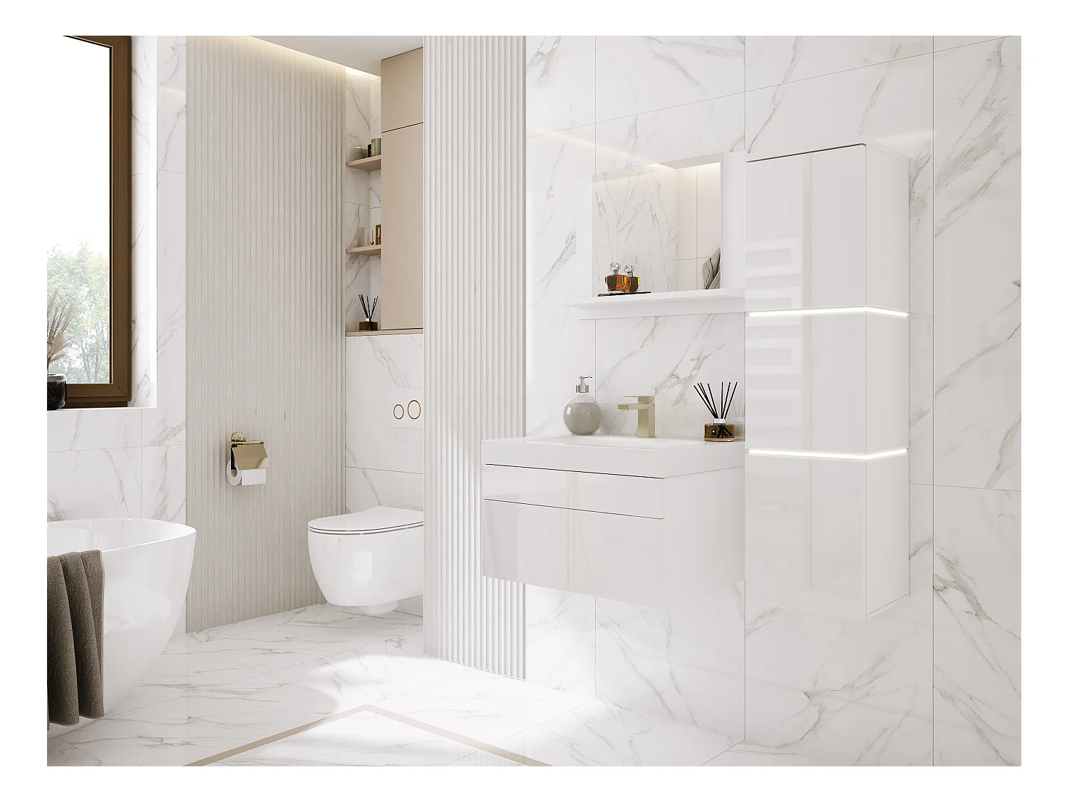 Ensemble meuble salle de bain, Blanc Mat, Blanc Brillant, 90 x 110 cm