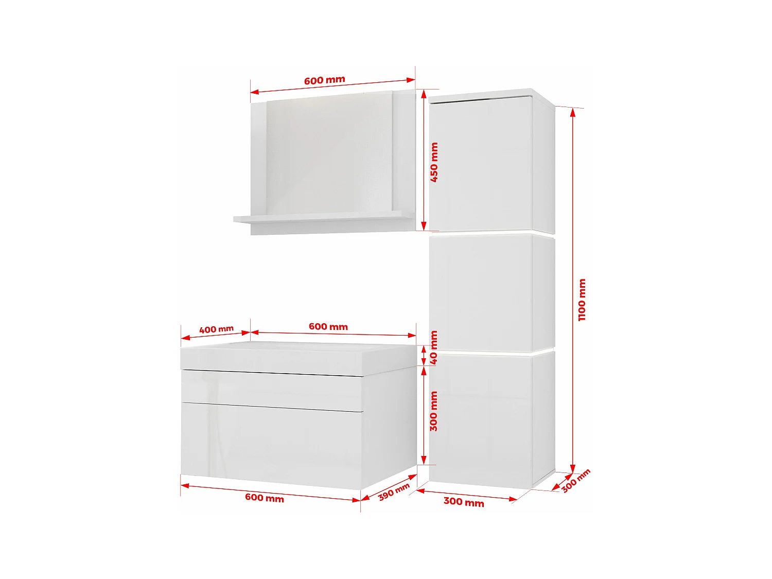 Ensemble meuble salle de bain, Blanc Mat, Blanc Brillant, 90 x 110 cm
