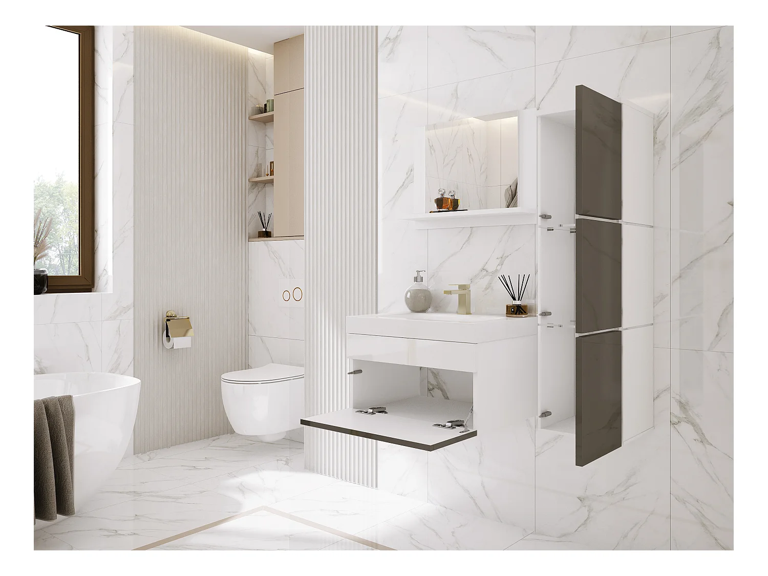 Ensemble meuble salle de bain, Blanc Mat, Blanc Brillant, 90 x 110 cm