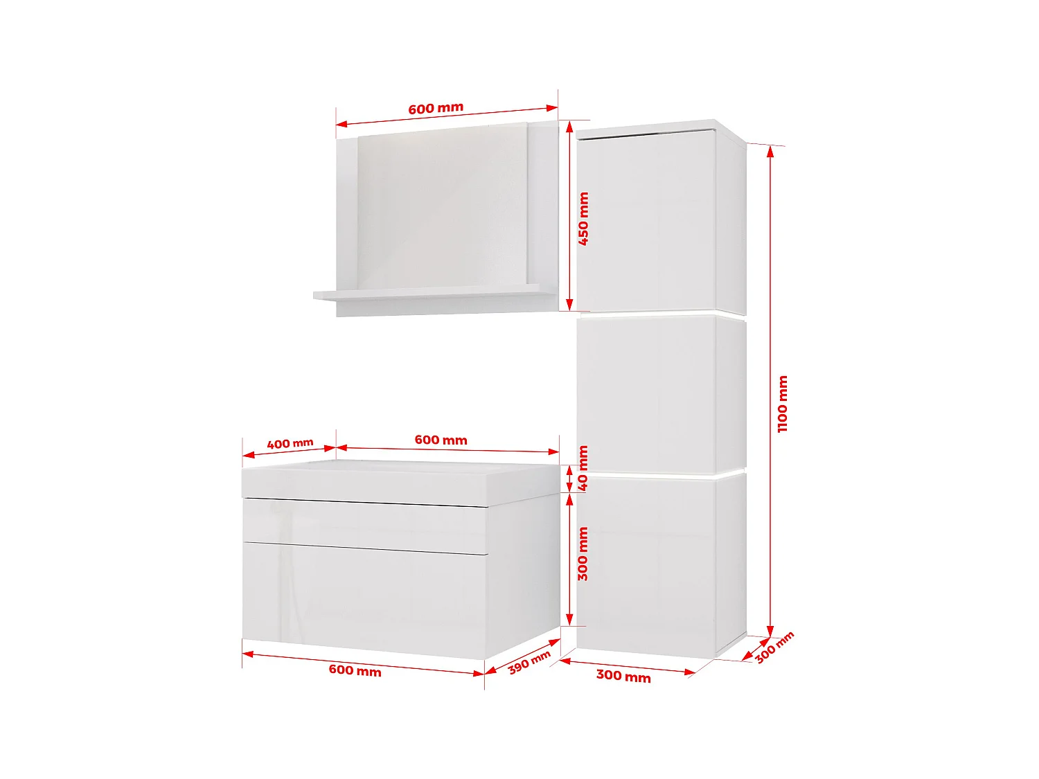 Ensemble meuble salle de bain, Blanc Mat, Blanc Brillant, 90 x 110 cm