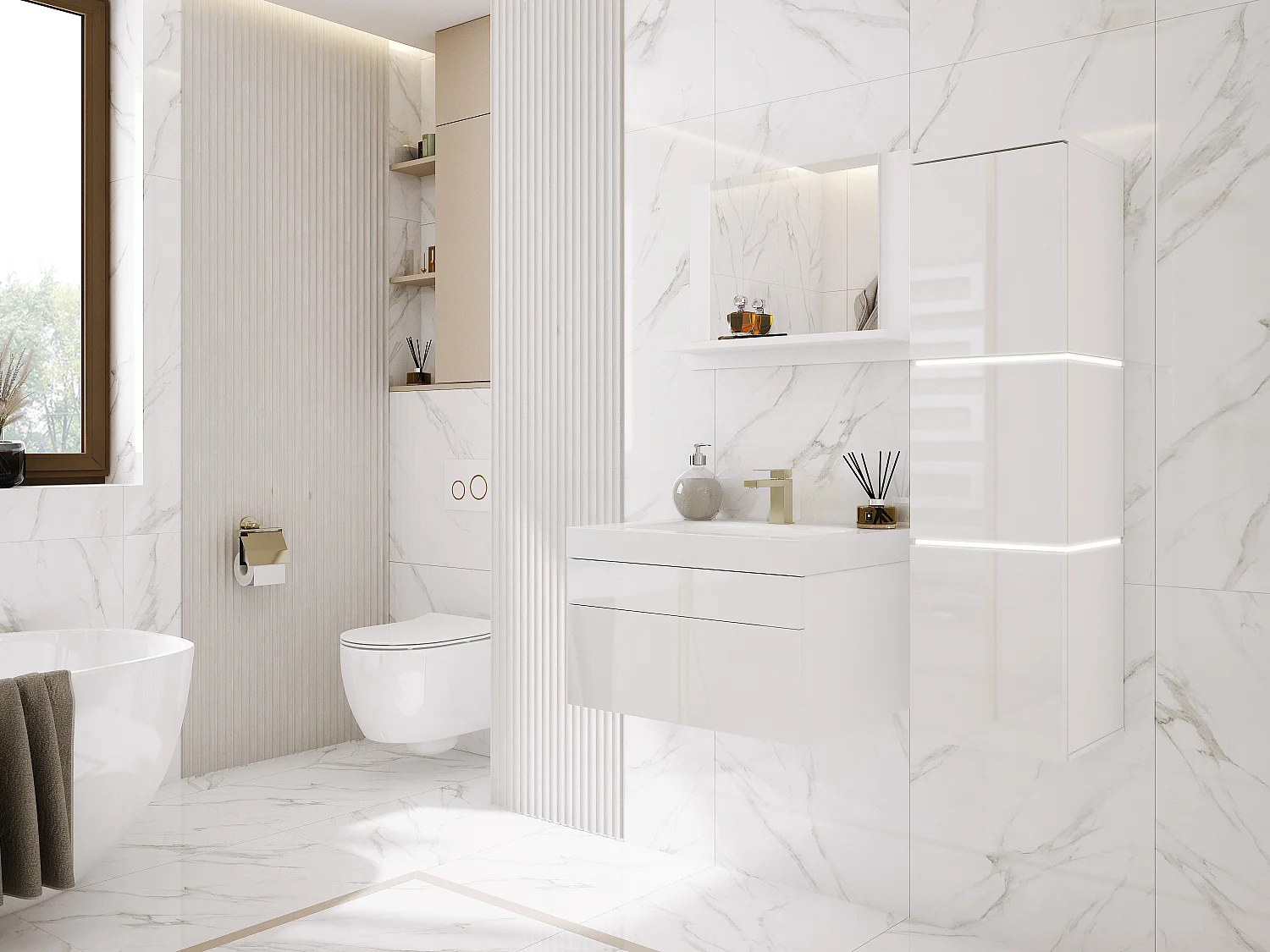 Ensemble meuble salle de bain, Blanc Mat, Blanc Brillant, 90 x 110 cm