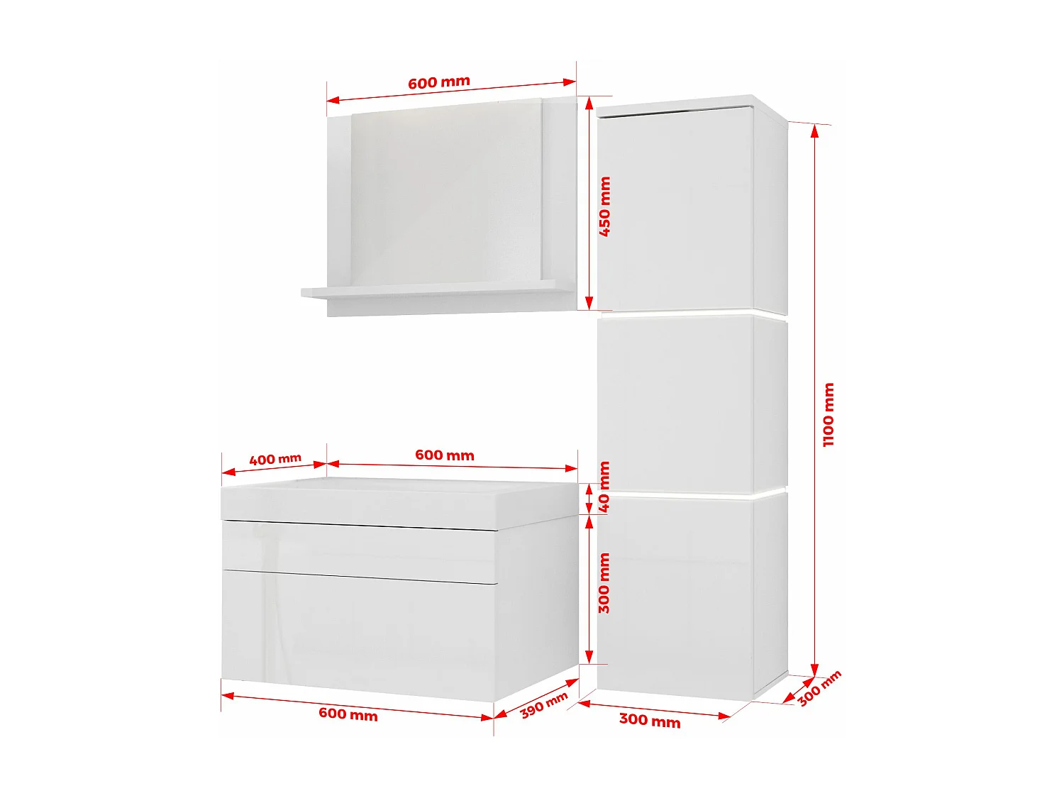 Ensemble meuble salle de bain, Blanc Mat, Blanc Brillant, 90 x 110 cm
