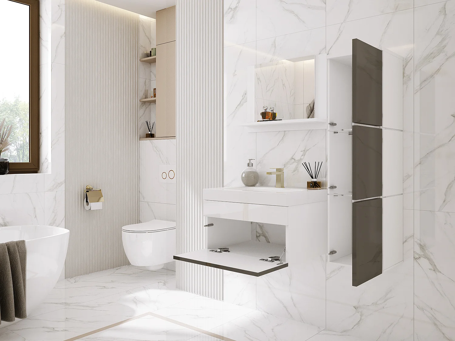 Ensemble meuble salle de bain, Blanc Mat, Blanc Brillant, 90 x 110 cm