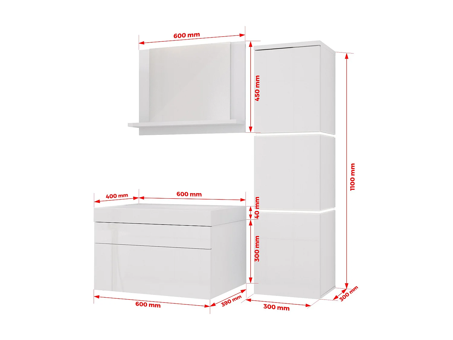 Ensemble meuble salle de bain, Blanc Mat, Blanc Brillant, 90 x 110 cm