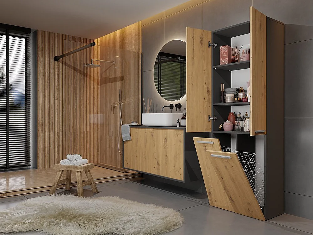 Meuble salle de bain, 174 x 30 x 60 cm, Anthracite / Chêne Artisan