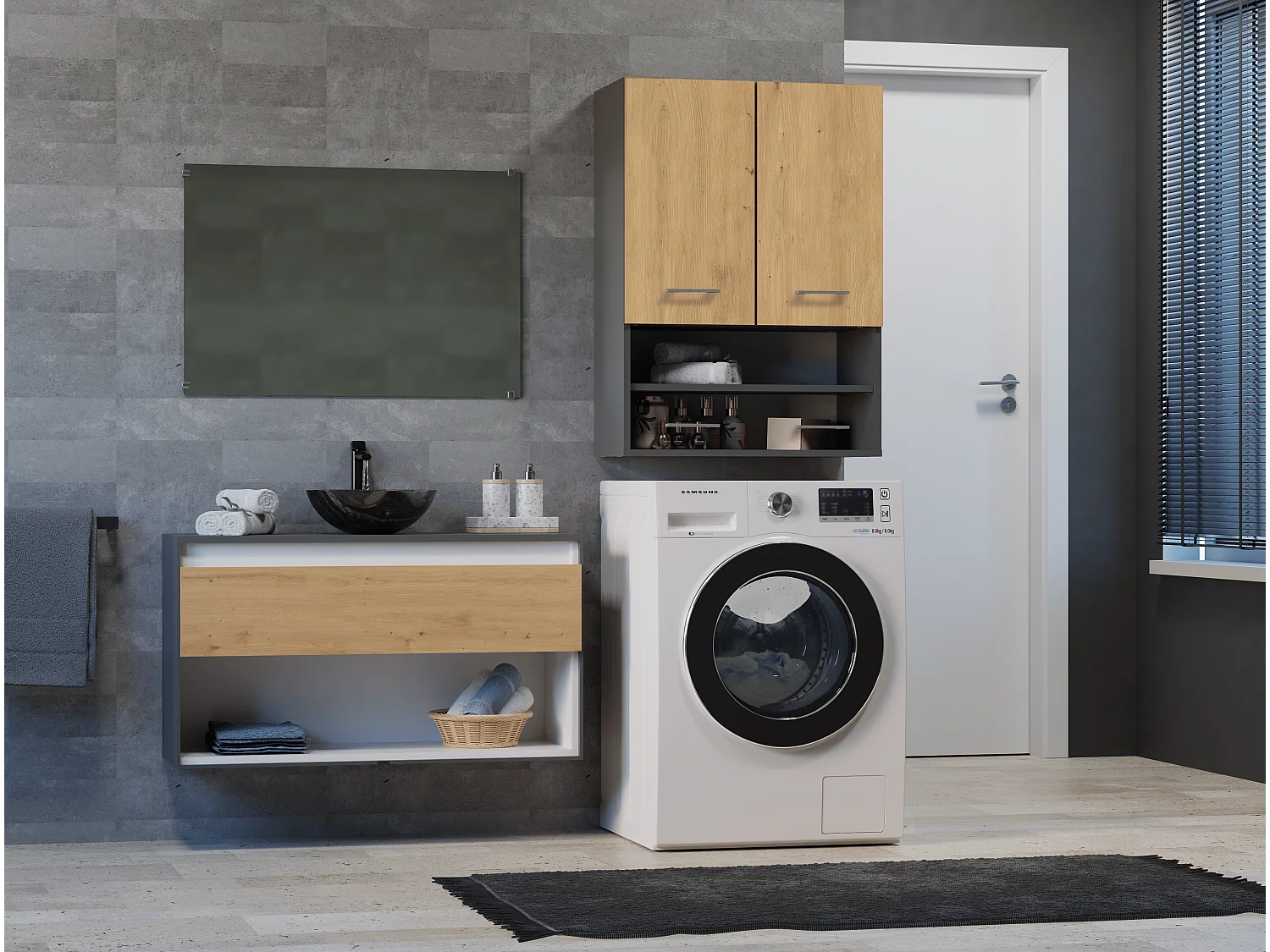 Armoire pour machine à laver, 30 x 64 x 90 cm, Anthracite / Chêne Artisan