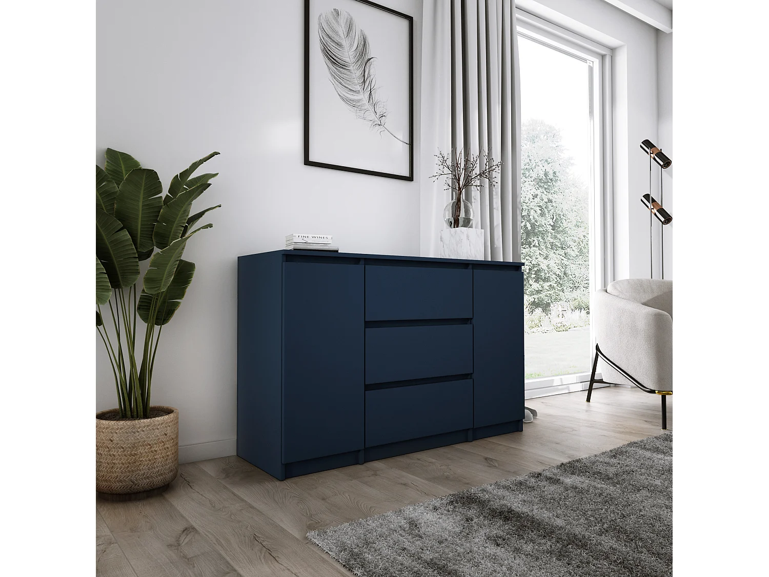 Komoda 2-drzwiowa z 3 szufladami, 120 x 78 x 39 cm, kolor: granatowy