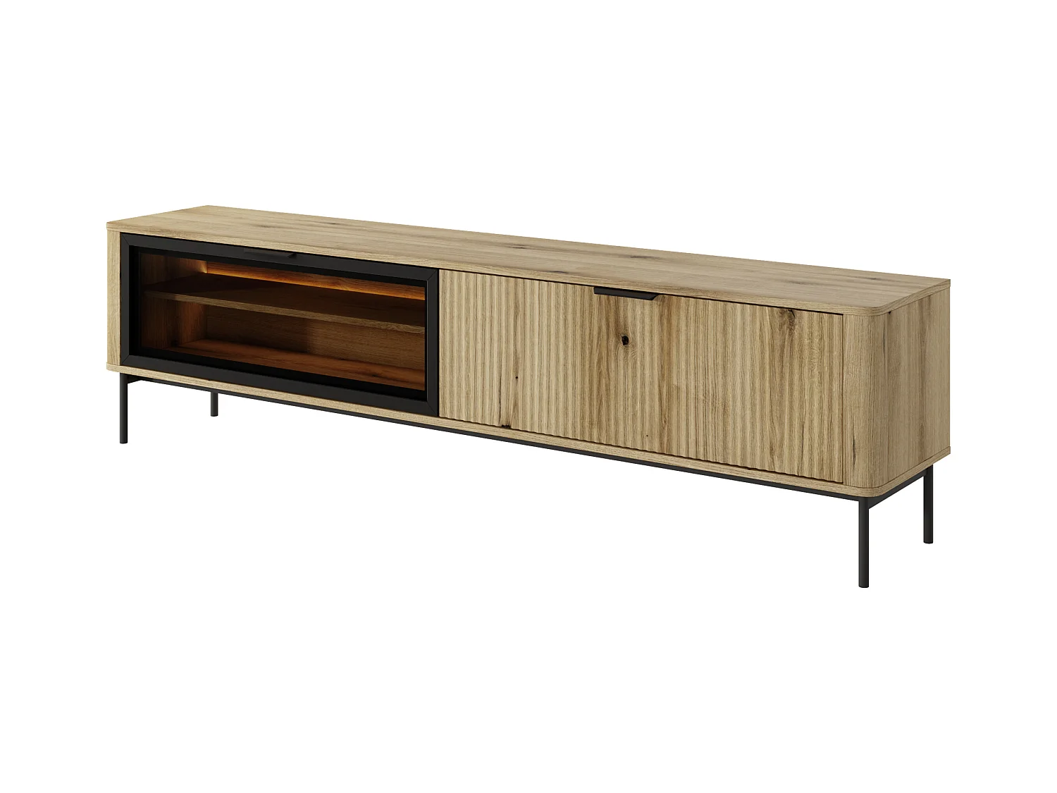 Meuble TV : 2 portes, meuble : chêne évoque les pieds Noirs, éclairage LED, 53,2 x 200 x 38 cm