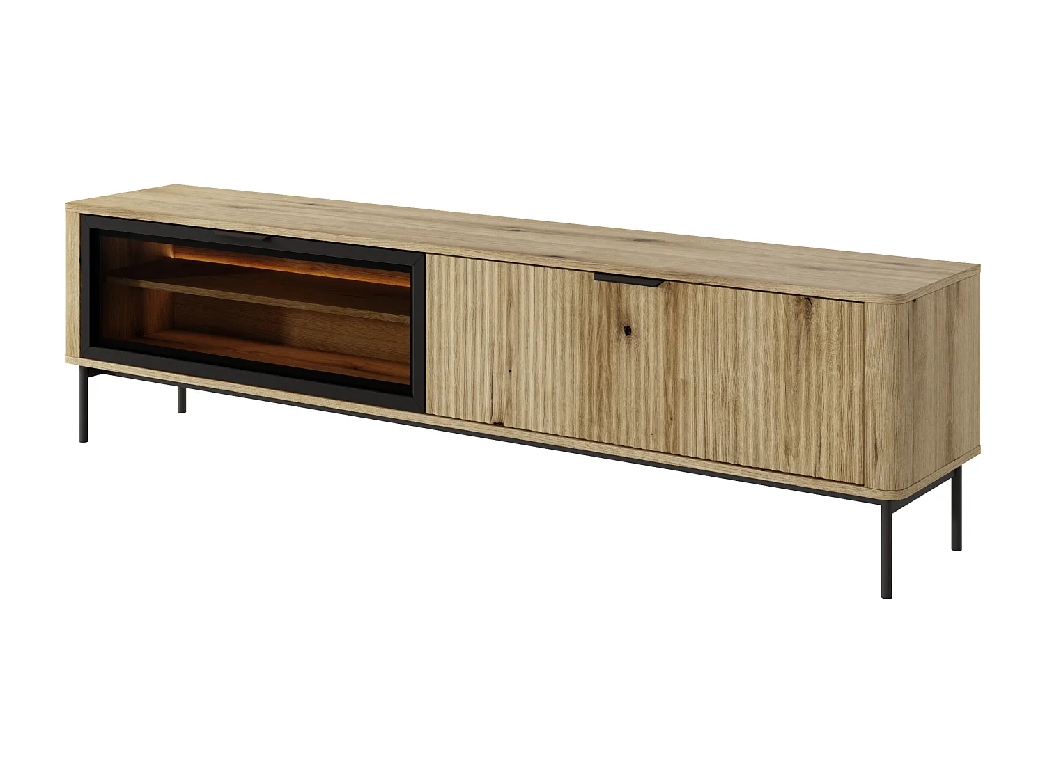Meuble TV : 2 portes, meuble : chêne évoque les pieds Noirs, éclairage LED, 53,2 x 200 x 38 cm