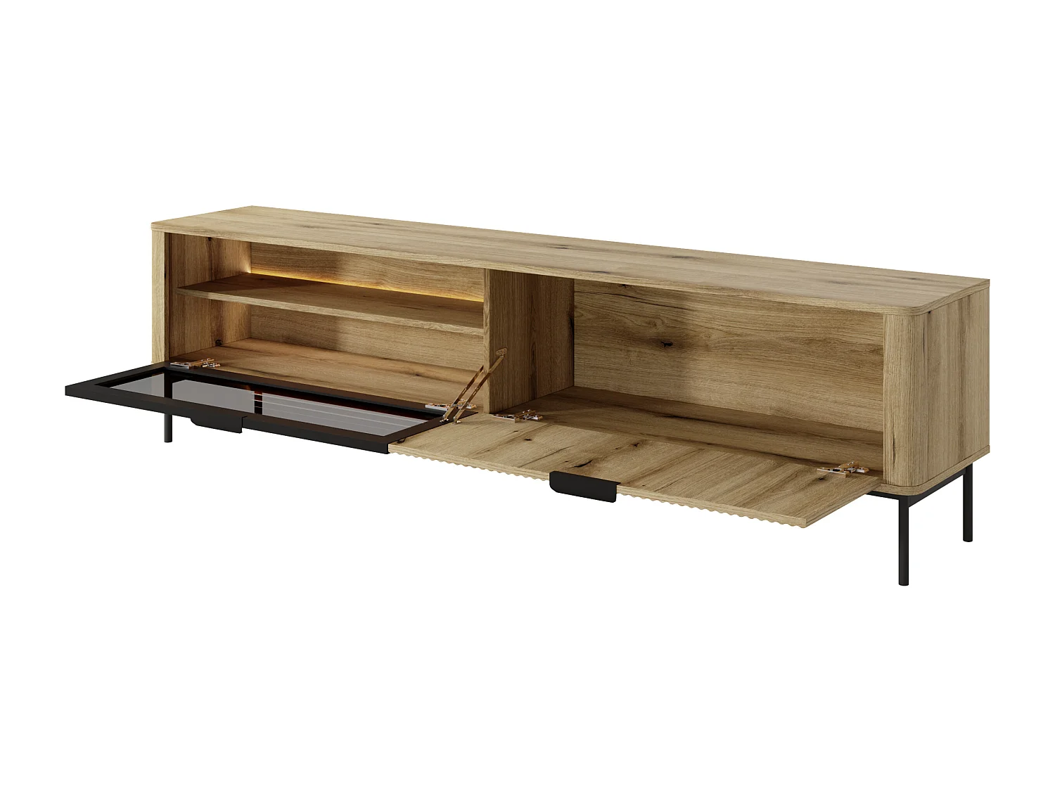 Meuble TV : 2 portes, meuble : chêne évoque les pieds Noirs, éclairage LED, 53,2 x 200 x 38 cm