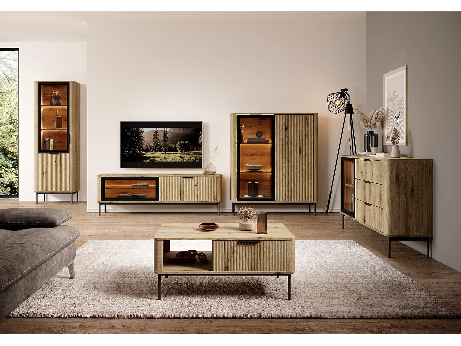 Meuble TV : 2 portes, meuble : chêne évoque les pieds Noirs, éclairage LED, 53,2 x 200 x 38 cm