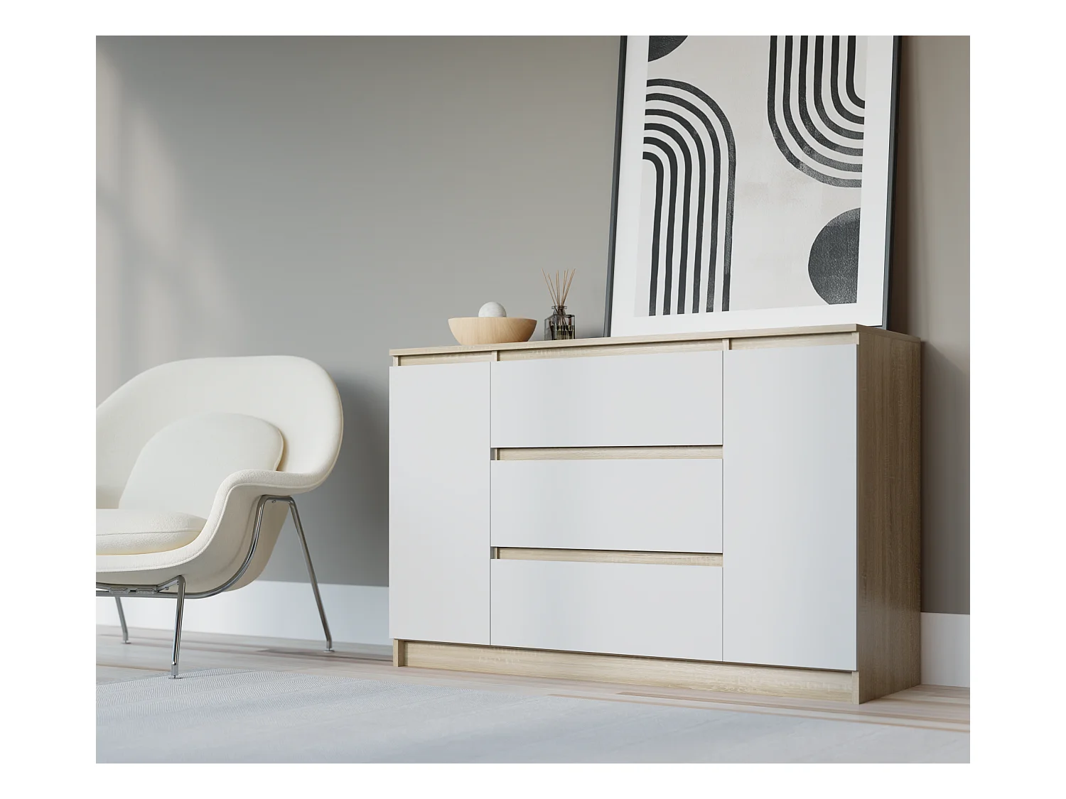 Commode : Chêne Sonoma / Blanc Mat, 120 x 39 x 78 cm, 2 portes, 3 tiroirs