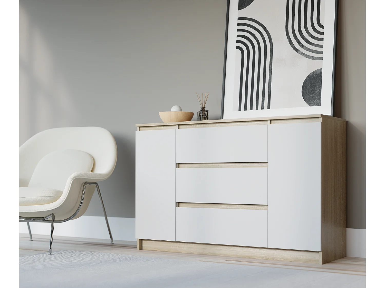 Commode : Chêne Sonoma / Blanc Mat, 120 x 39 x 78 cm, 2 portes, 3 tiroirs