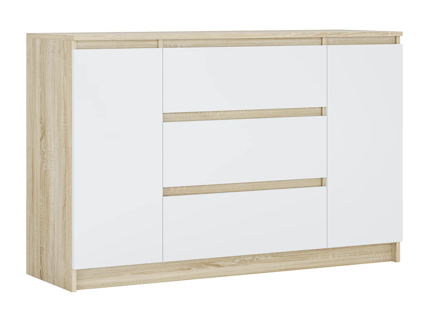 Commode : Chêne Sonoma / Blanc Mat, 120 x 39 x 78 cm, 2 portes, 3 tiroirs