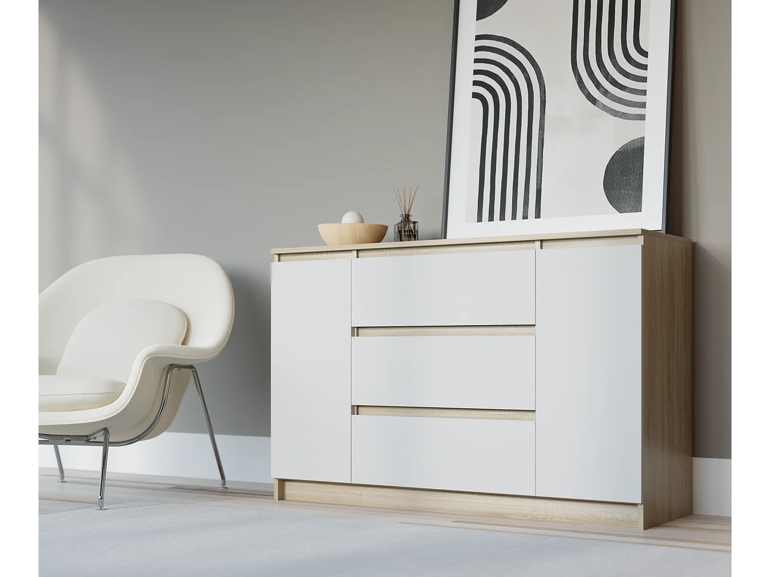 Cômoda: Carvalho Sonoma / Branco Mate, 120 x 39 x 78 cm, 2 portas, 3 gavetas