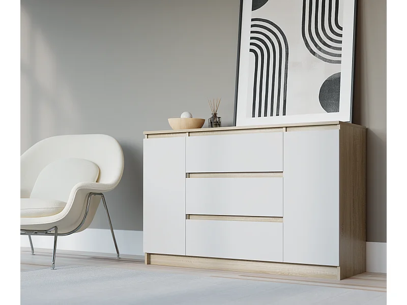 Kommode: Sonoma-Eiche / Mattweiß, 120 x 39 x 78 cm, 2 Türen, 3 Schubladen