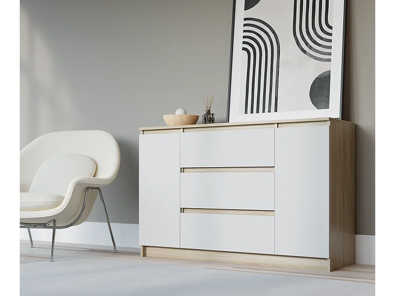 Cômoda: Carvalho Sonoma / Branco Mate, 120 x 39 x 78 cm, 2 portas, 3 gavetas