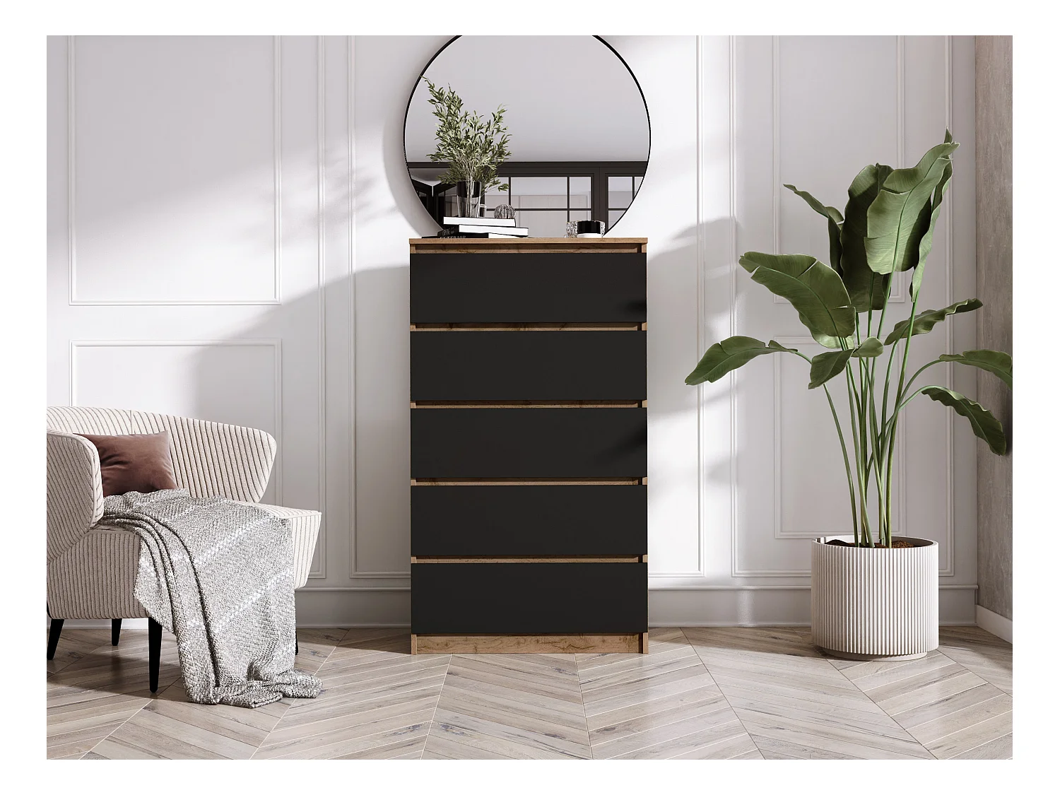 Komoda z 5 szufladami: dąb Wotan / czarny mat, 70 x 39 x 125 cm