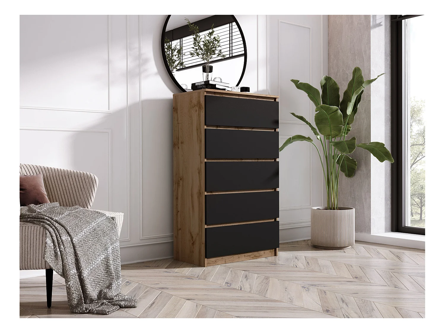 Commode 5 Tiroirs : Chêne Wotan / Noir Mat, 70 x 39 x 125 cm