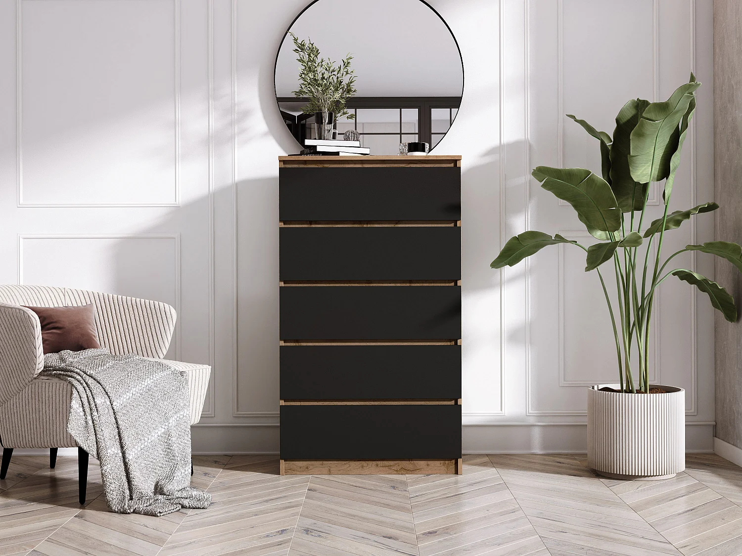 Commode 5 Tiroirs : Chêne Wotan / Noir Mat, 70 x 39 x 125 cm