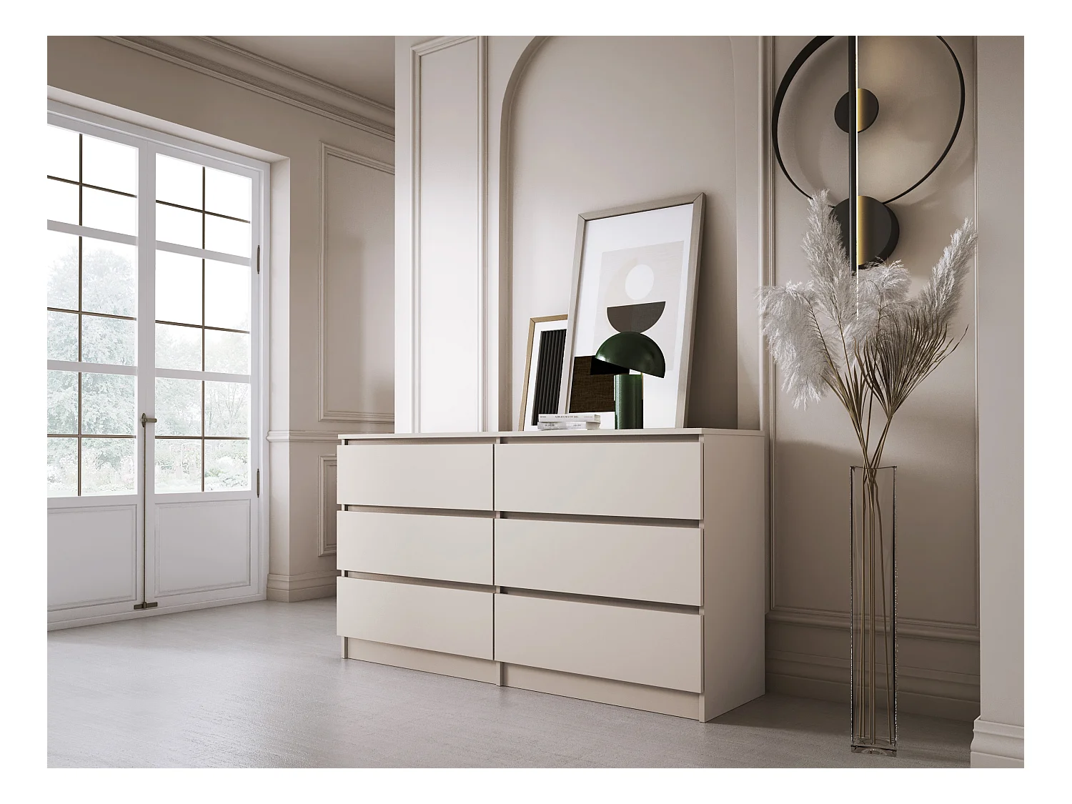 Commode : 6 tiroirs, cachemire, 139 x 79 x 39 cm