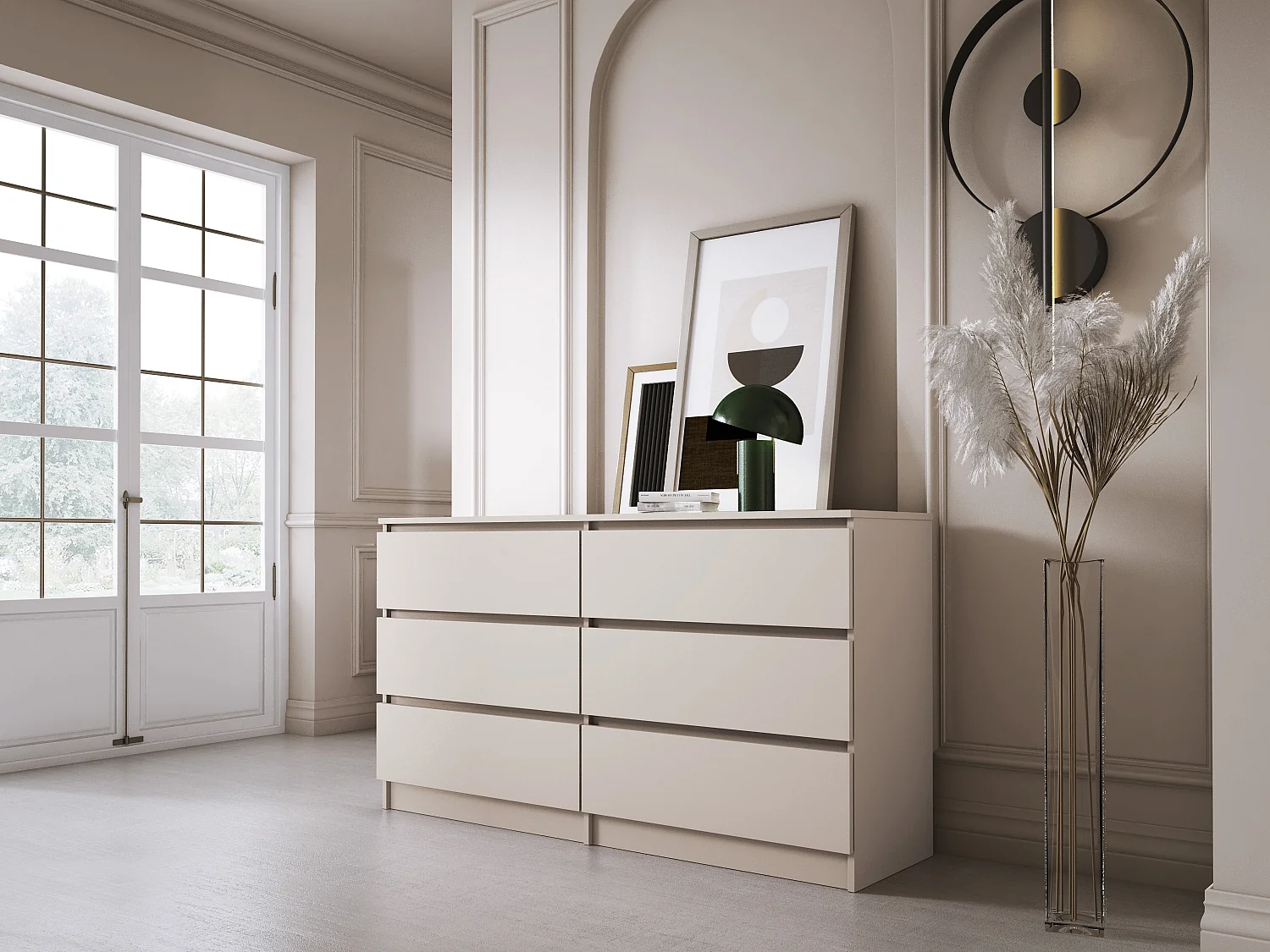 Commode : 6 tiroirs, cachemire, 139 x 79 x 39 cm