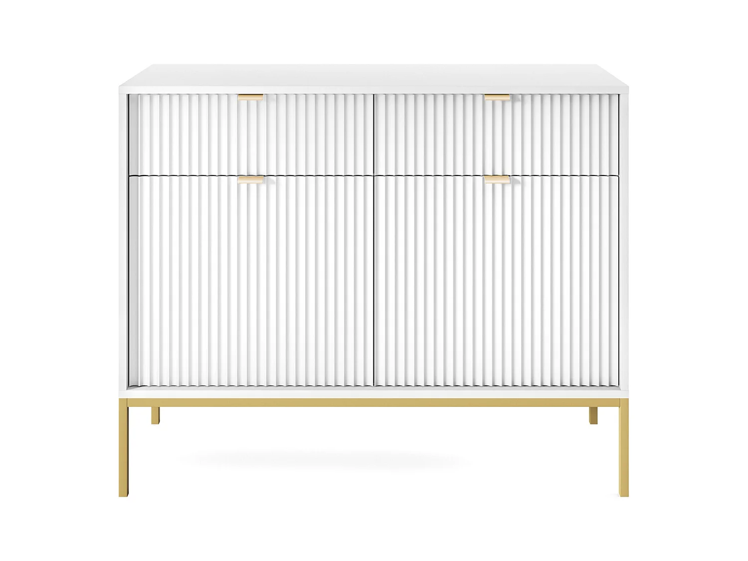 Commode : 2 Tiroirs, 2 Portes, Blanc, or, 104 x 83 x 39 cm, poignées dorées