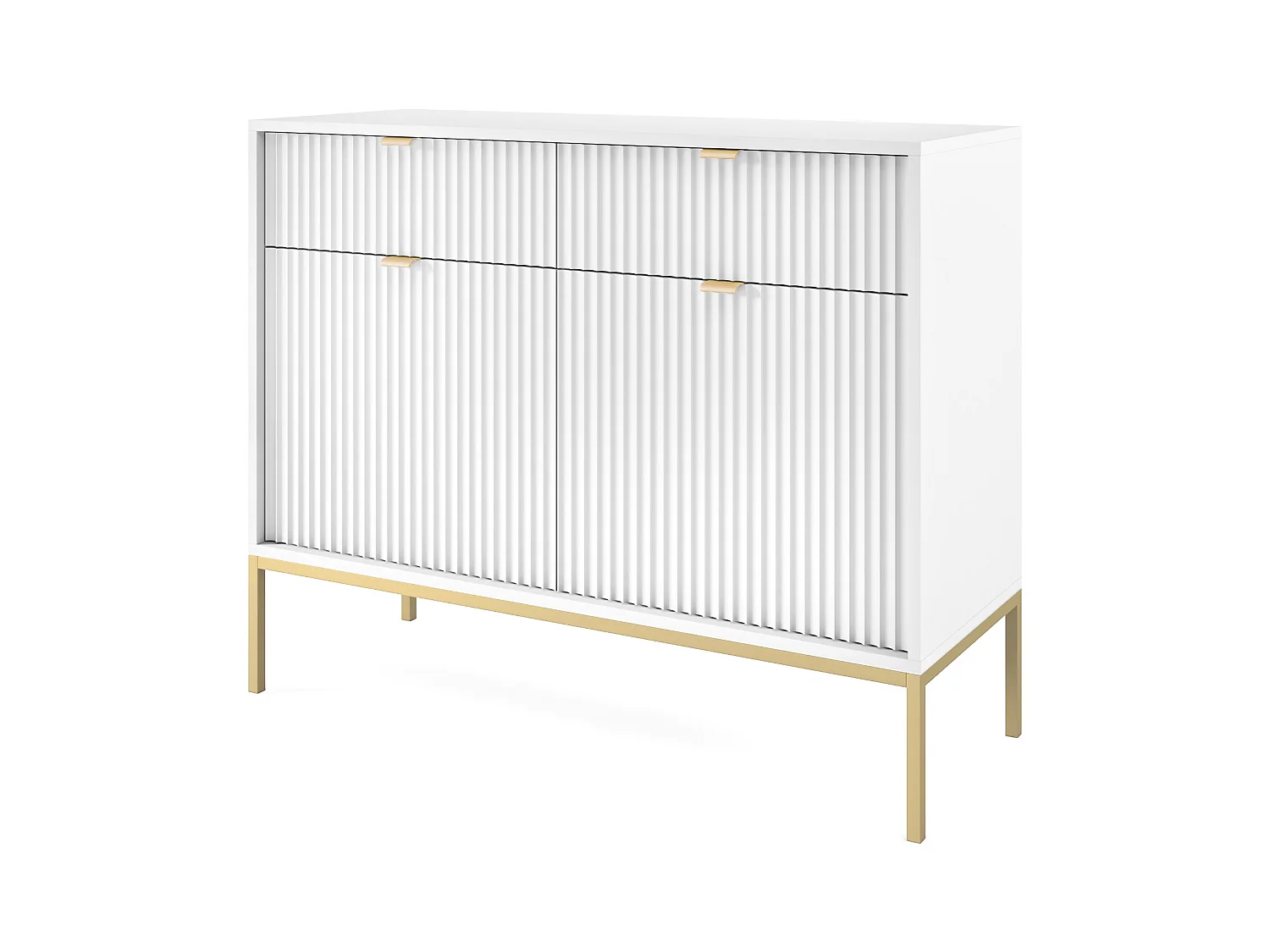 Commode : 2 Tiroirs, 2 Portes, Blanc, or, 104 x 83 x 39 cm, poignées dorées