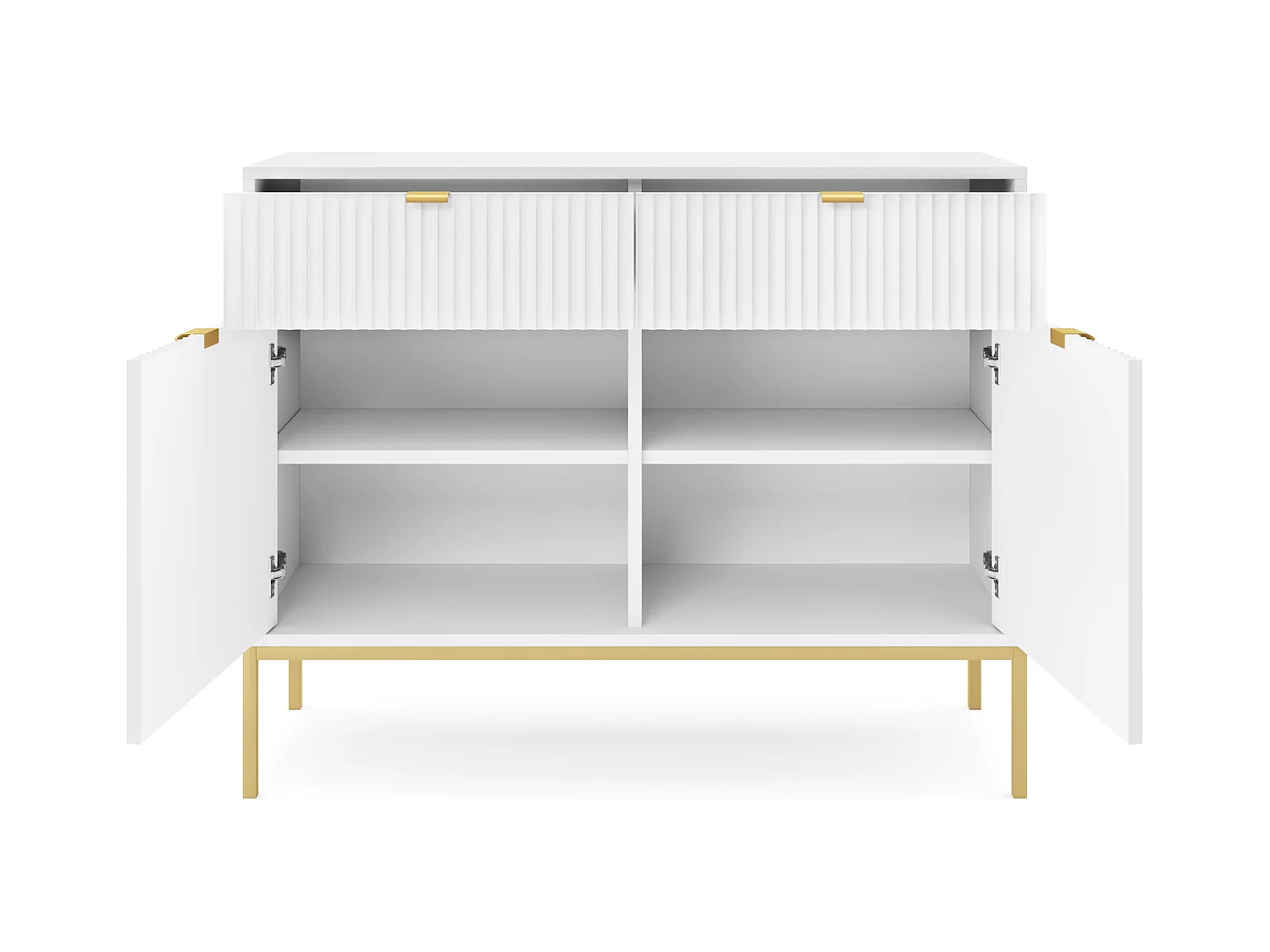 Commode : 2 Tiroirs, 2 Portes, Blanc, or, 104 x 83 x 39 cm, poignées dorées