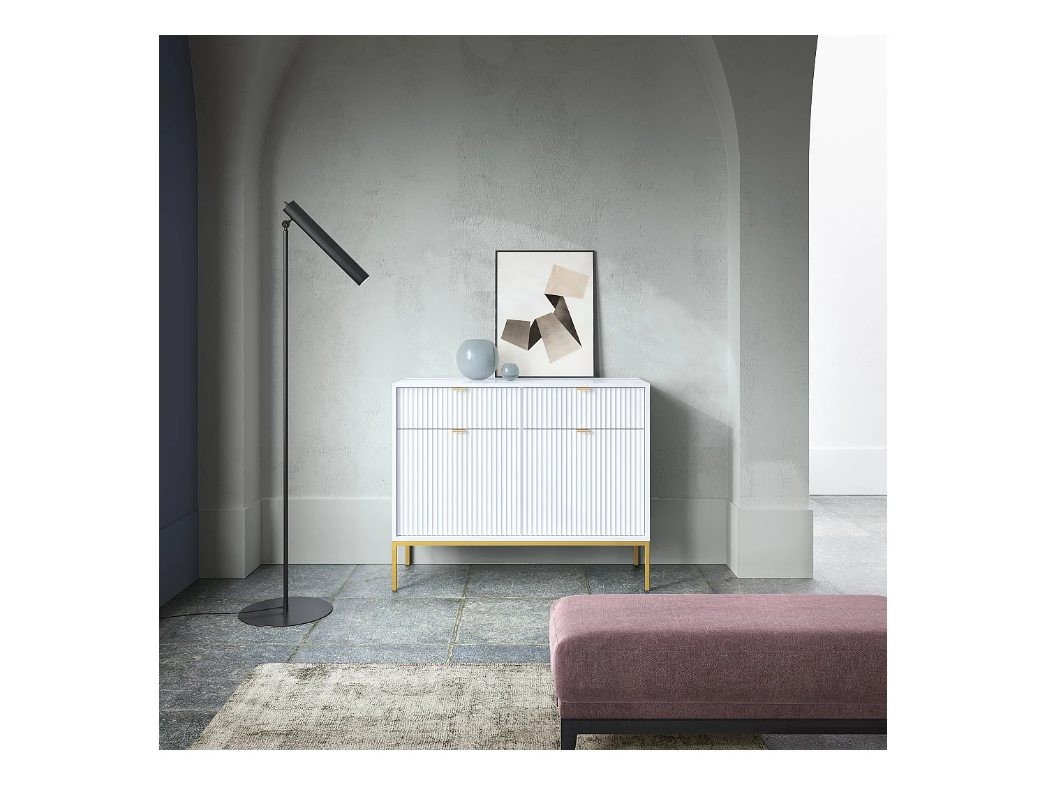 Commode : 2 Tiroirs, 2 Portes, Blanc, or, 104 x 83 x 39 cm, poignées dorées