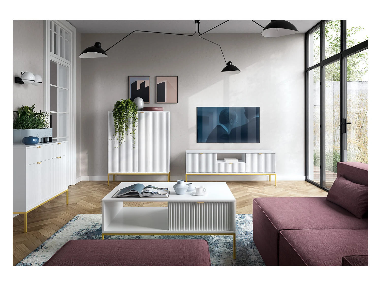 Commode : 2 Tiroirs, 2 Portes, Blanc, or, 104 x 83 x 39 cm, poignées dorées