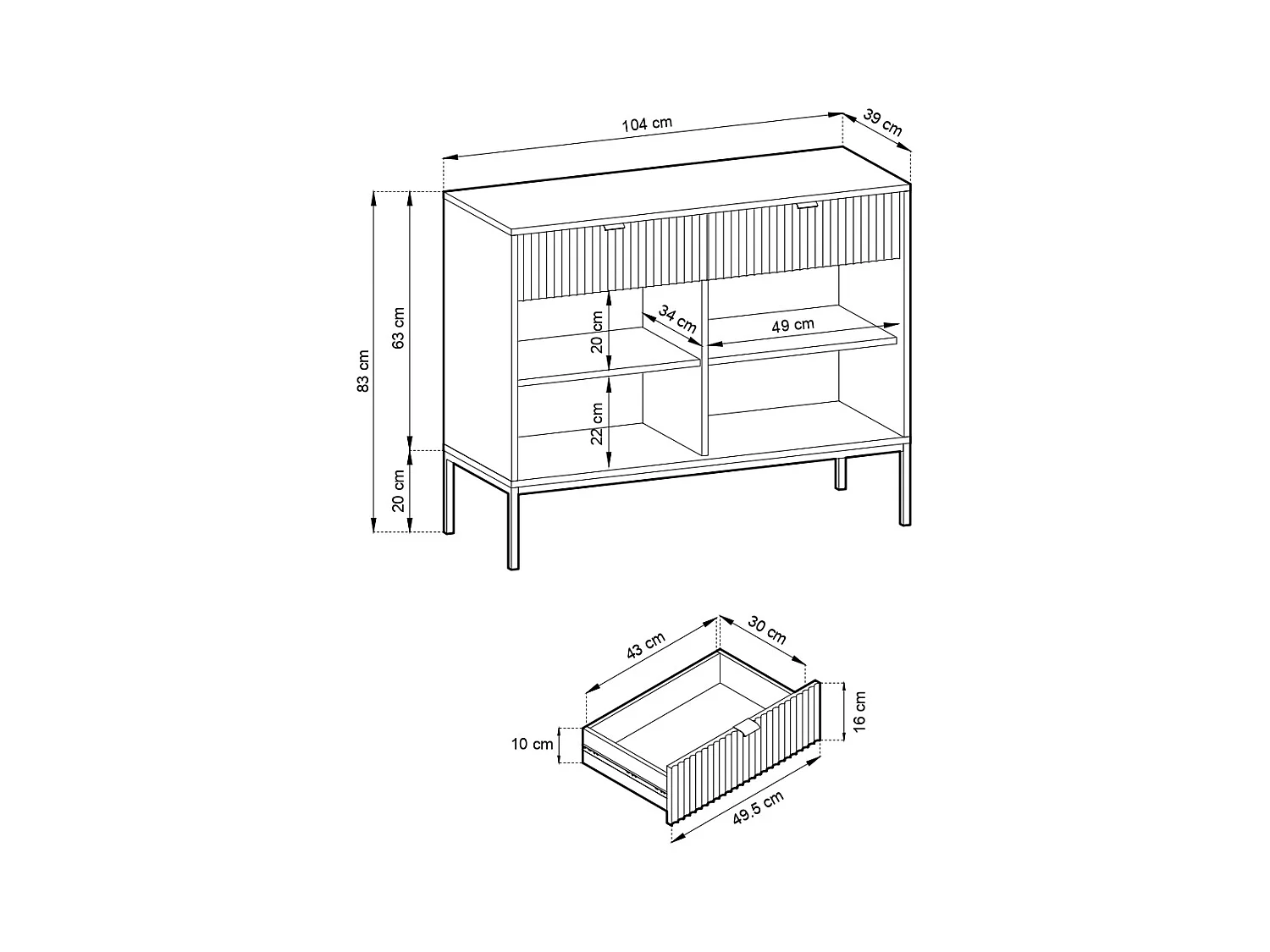 Commode : 2 Tiroirs, 2 Portes, Blanc, or, 104 x 83 x 39 cm, poignées dorées