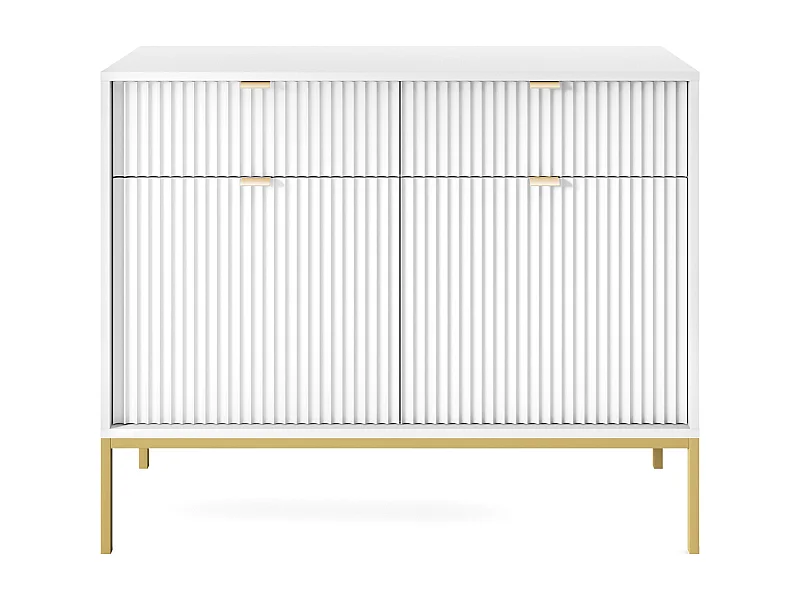 Kommode: 2 Schubladen, 2 Türen, Weiß, Gold, 104 x 83 x 39 cm, goldene Griffe