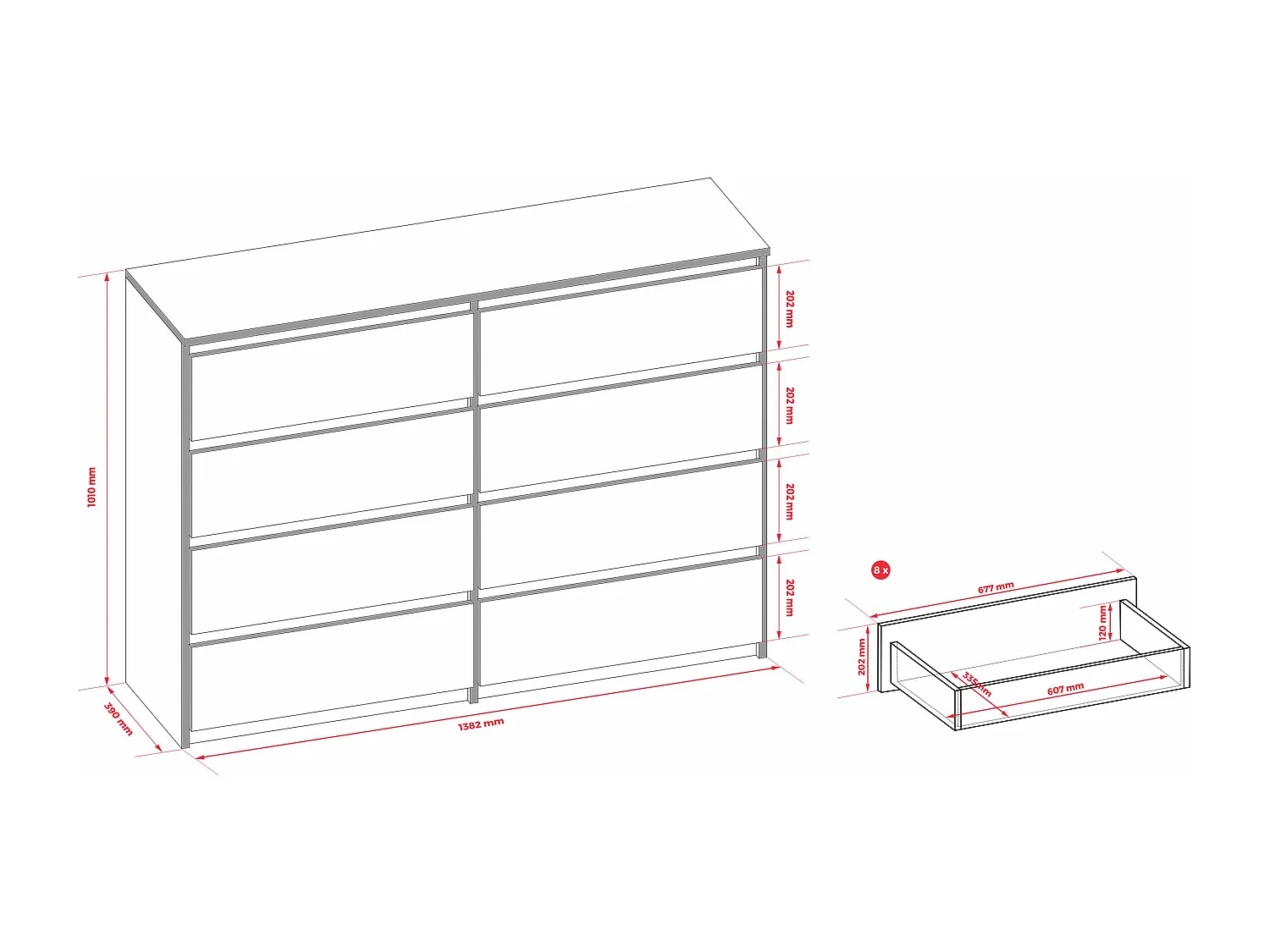 Commode 8 Tiroirs, Noir Mat / Noir Brillant, 138 x 101 x 39 cm